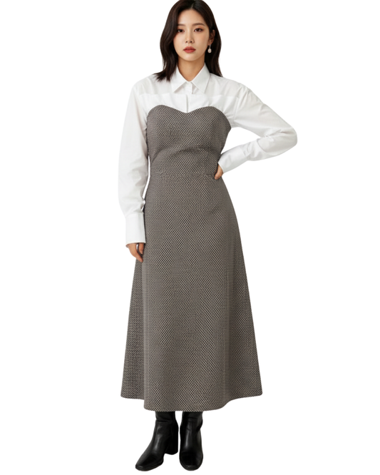 DS11178-韓圍復古優雅心形領羊毛混紡抹胸長裙 (Re-stock)