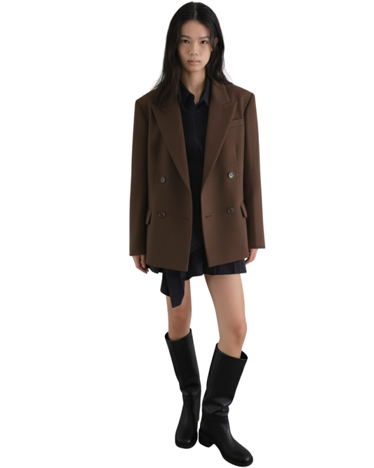 OT22026- 韓國設計師款經典寛鬆百搭毛呢雙排扣西裝