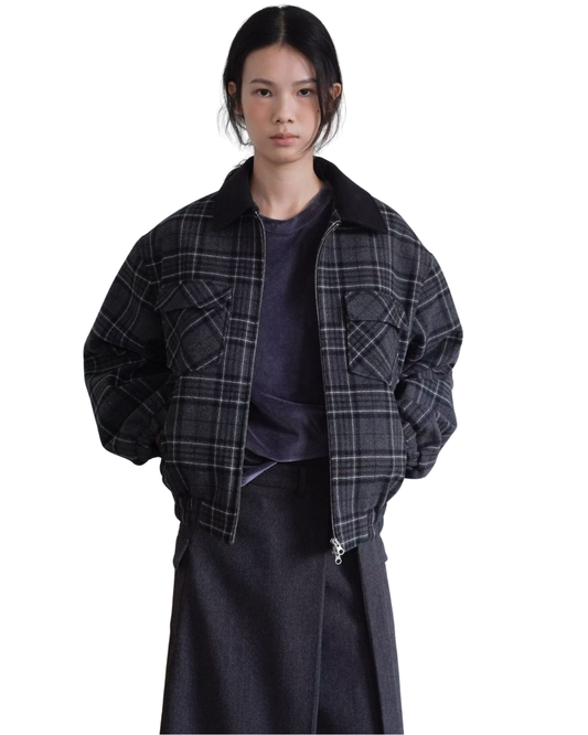 OT22028- 韓國設計師款學院風格紋毛呢短版外套