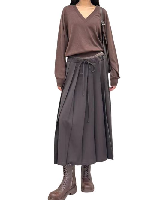 ST22030- 韓國拼色百褶裙配真絲羊毛透薄V領長袖