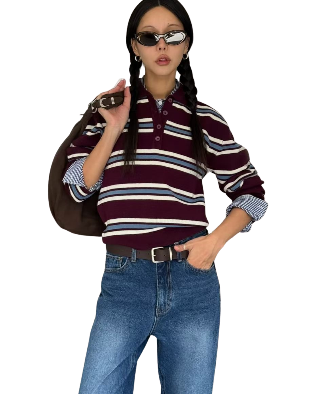 TP22025- 韓國撞色條紋短版POLO針織衫