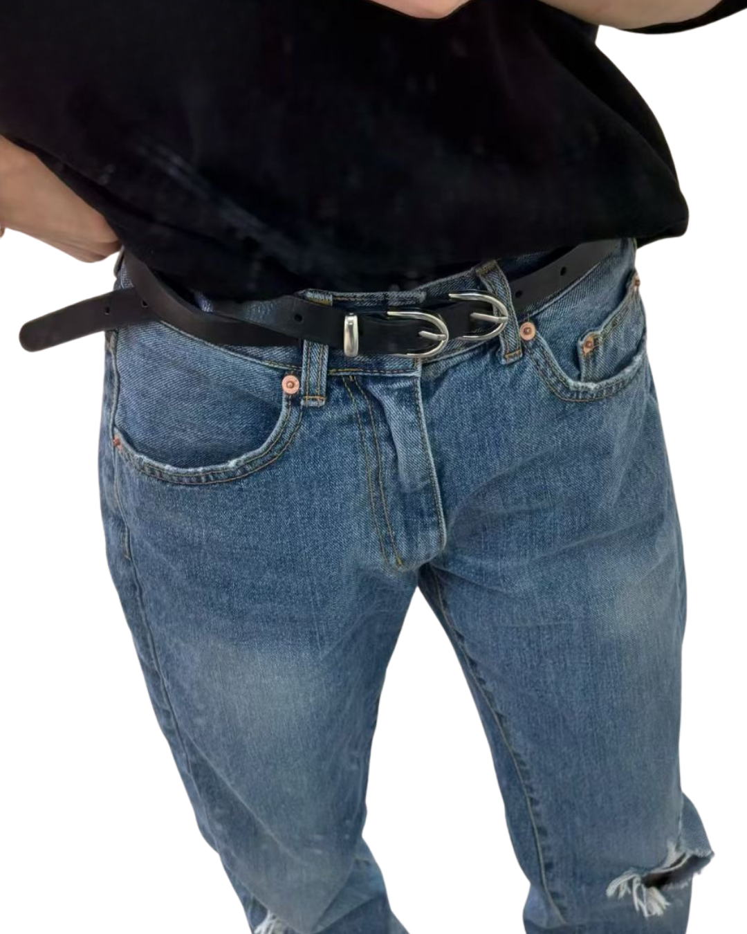 AC22039- 韓國雙環扣真牛皮細版皮帶