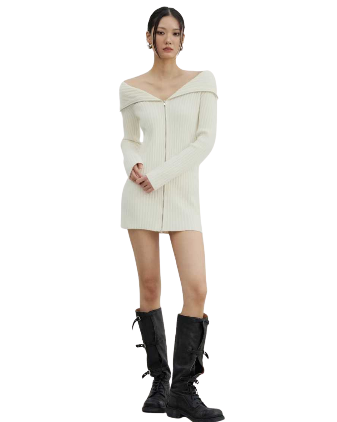 DS22072- 韓國設計師款式高領拉鍊針織洋裝