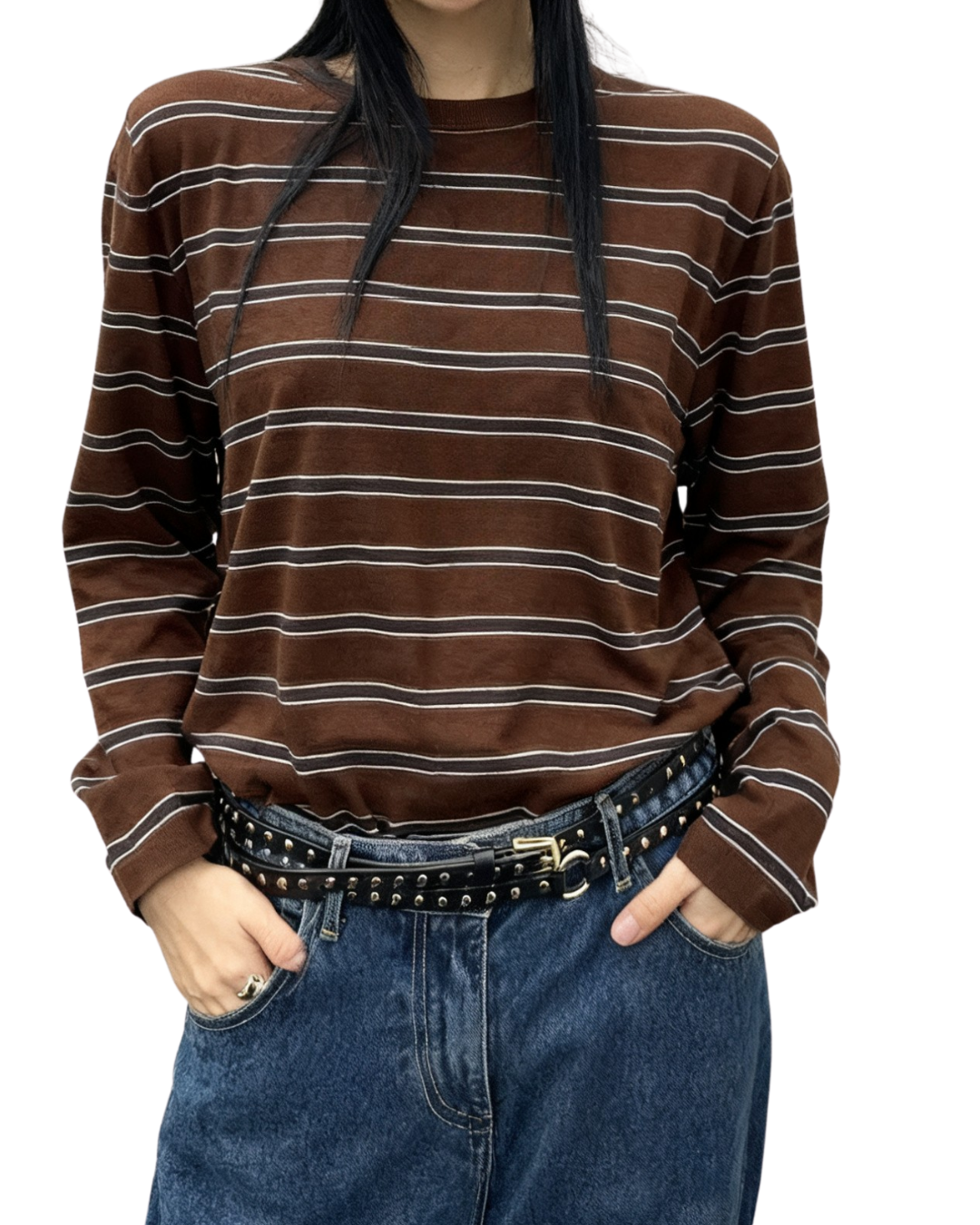 AC22062- 型格鉚釘真牛皮細版長腰帶