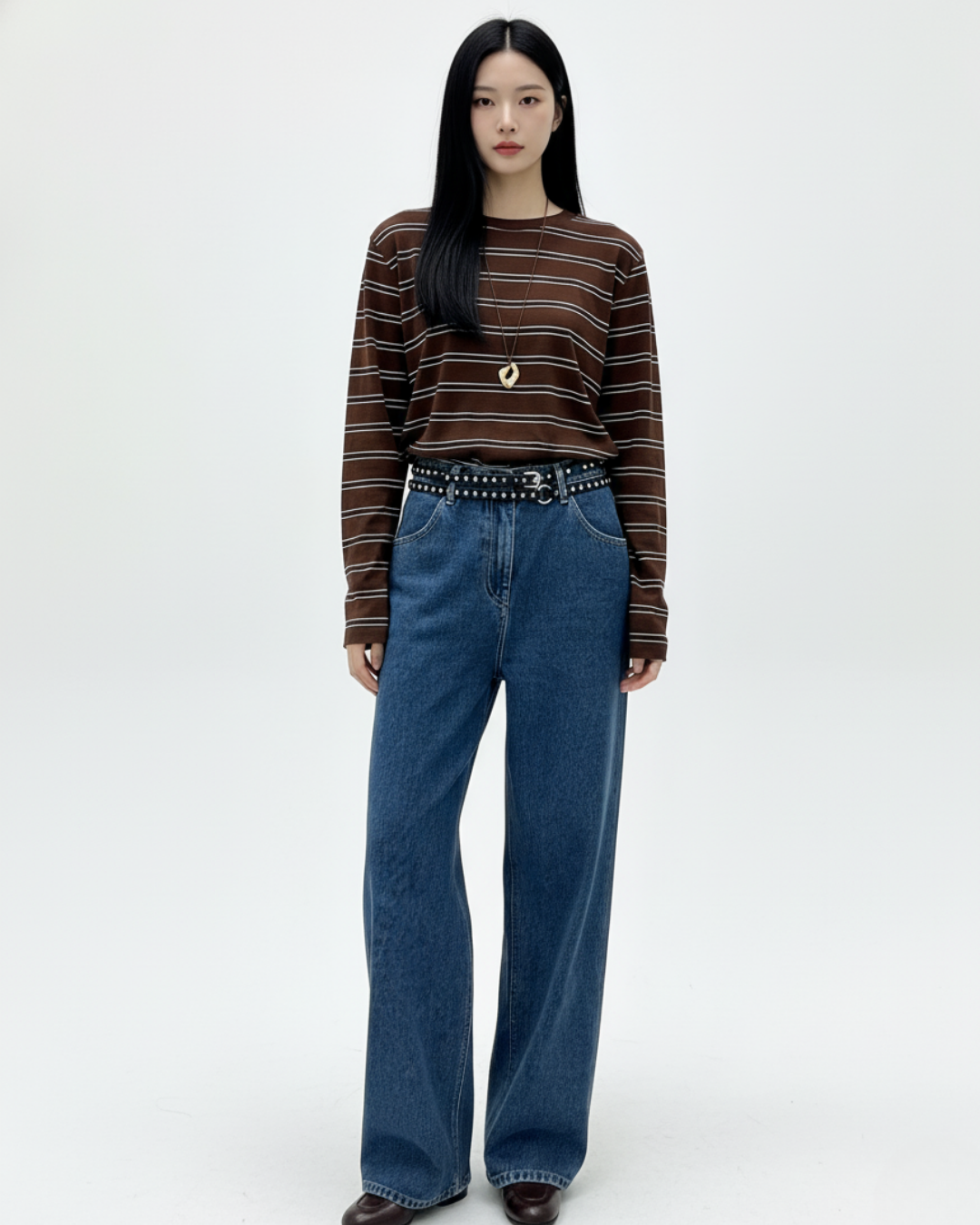 AC22062- 型格鉚釘真牛皮細版長腰帶