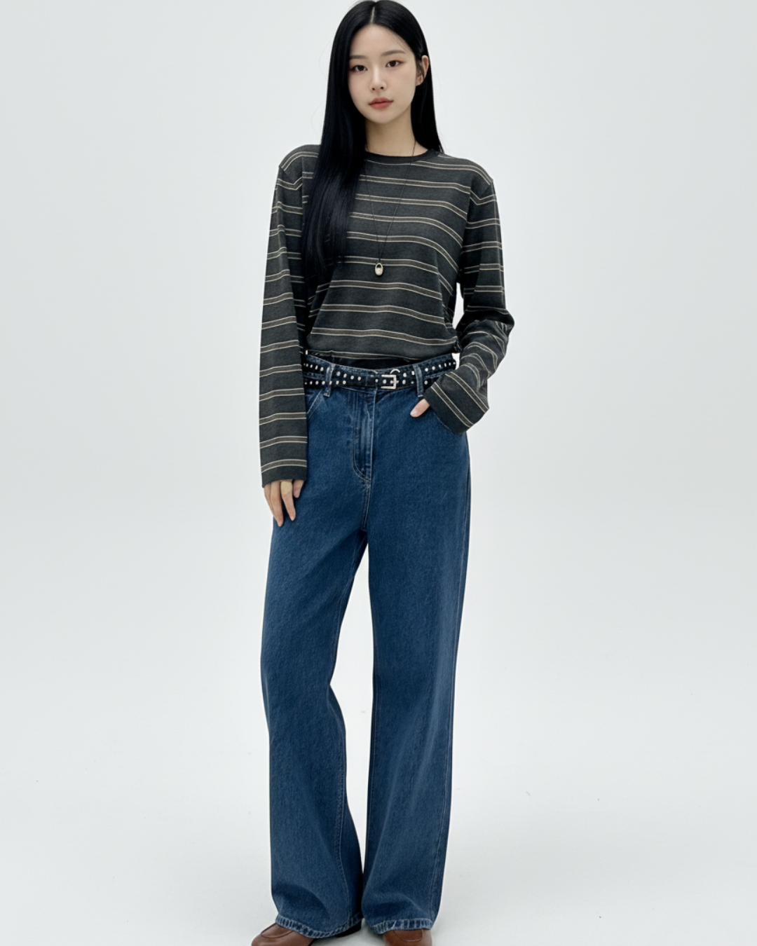 AC22062- 型格鉚釘真牛皮細版長腰帶