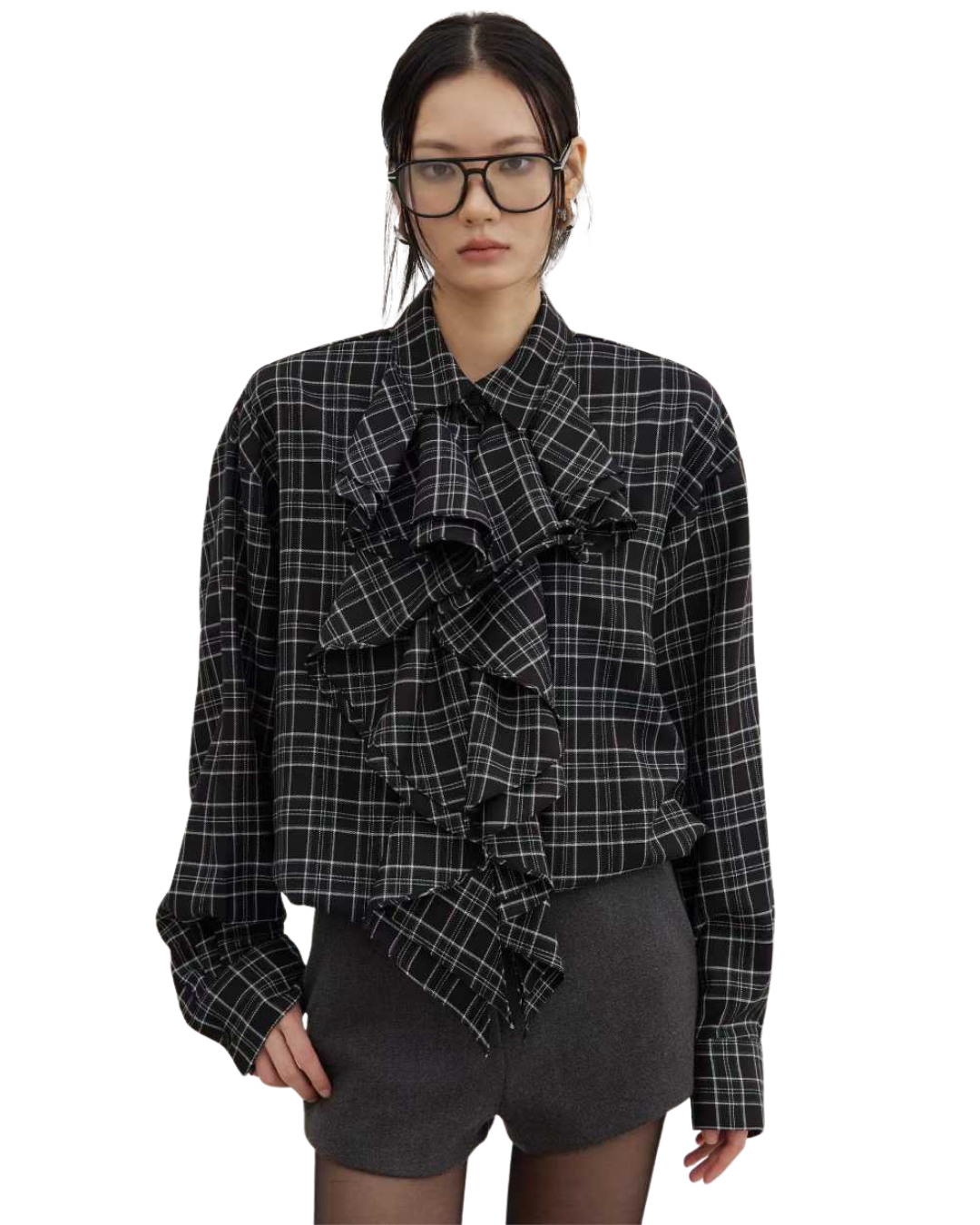 TP22073- 韓國設計師款復古浪漫格紋荷葉邊長袖襯衫