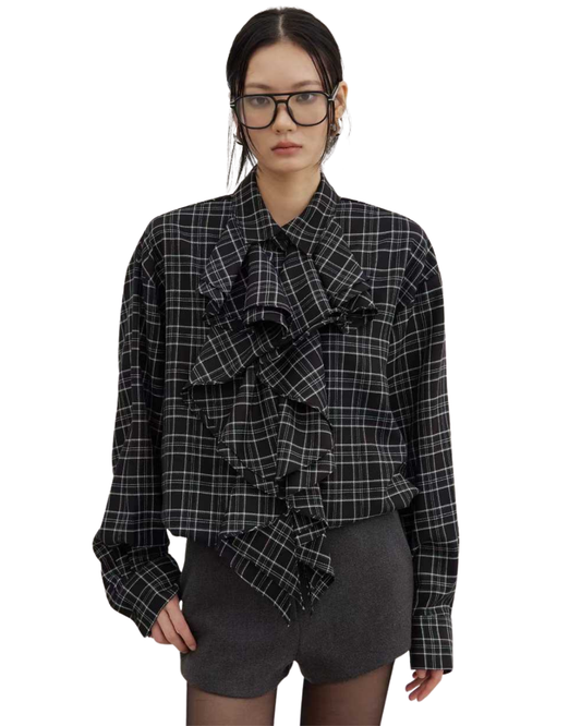 TP22073- 韓國設計師款復古浪漫格紋荷葉邊長袖襯衫