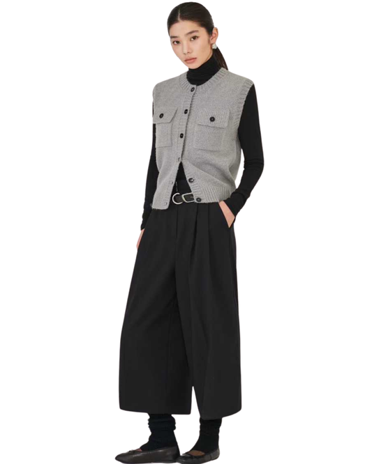 TP22078- 韓國設計師款學院復古雙口袋羊毛混紡針織背心