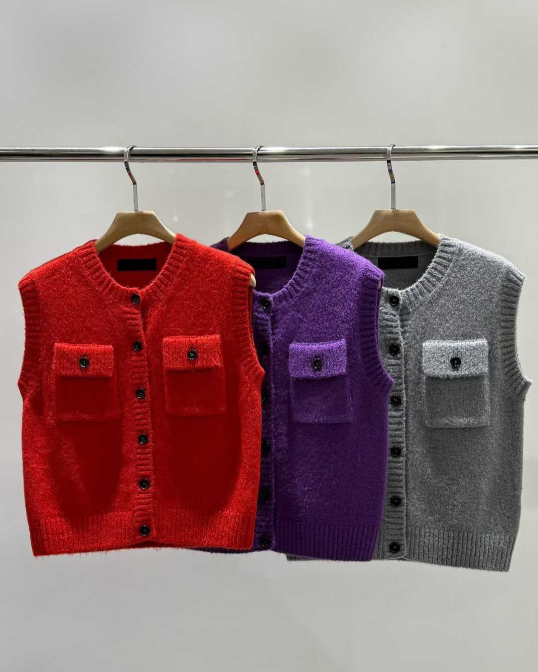 TP22078- 韓國設計師款學院復古雙口袋羊毛混紡針織背心