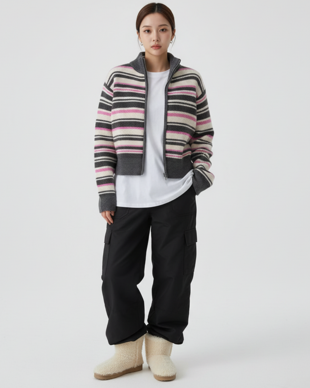 TP22080- 韓國高質感羊駝毛混紡條紋休閒針織外套