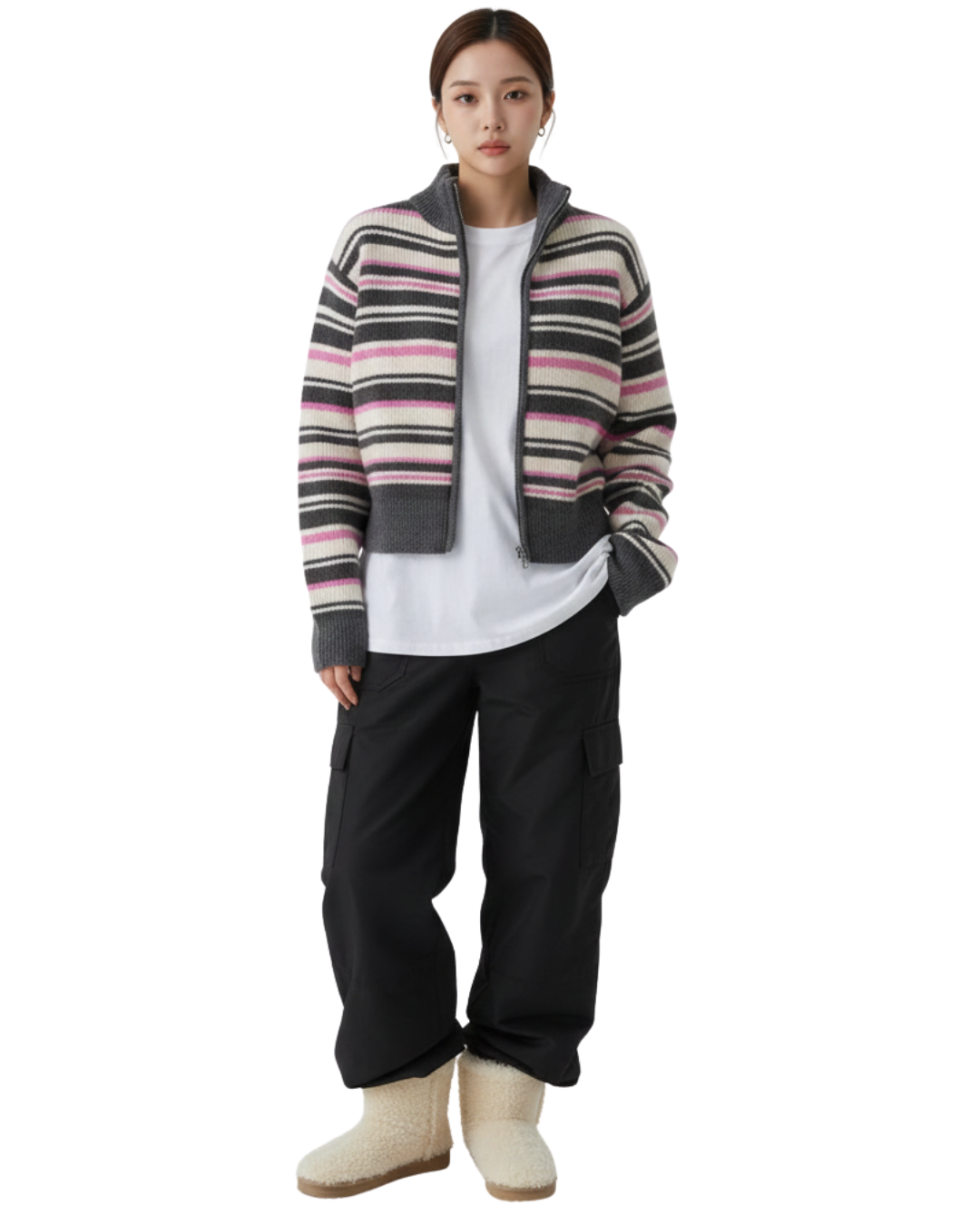 TP22080- 韓國高質感羊駝毛混紡條紋休閒針織外套