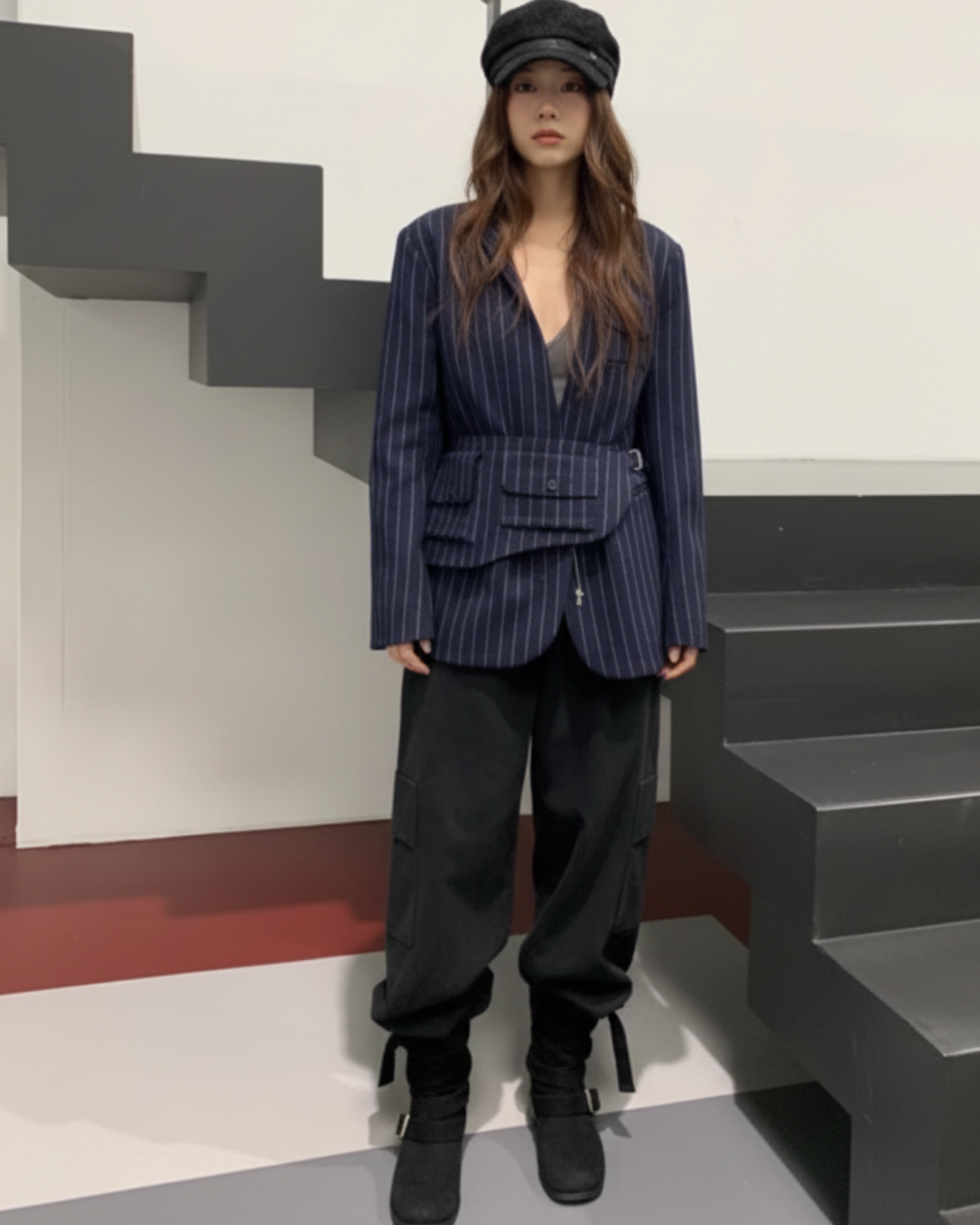 JK22083- 韓國率性無領條紋拉鍊西裝外套