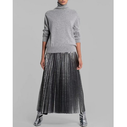 BT11191B- Korean mid-length metallic drape pleated skirt with elastic waist (gold/silver/black)