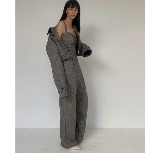 ST11161- Korean retro herringbone lapel padded short jacket + high waist tube top jumpsuit suit