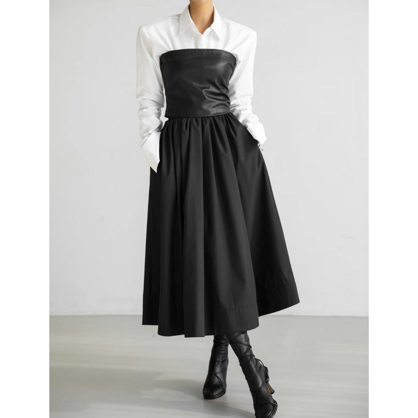 BT11151 - Korean high waist pleated skirt black round skirt