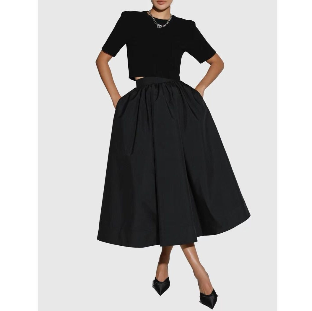 BT11151 - Korean high waist pleated skirt black round skirt