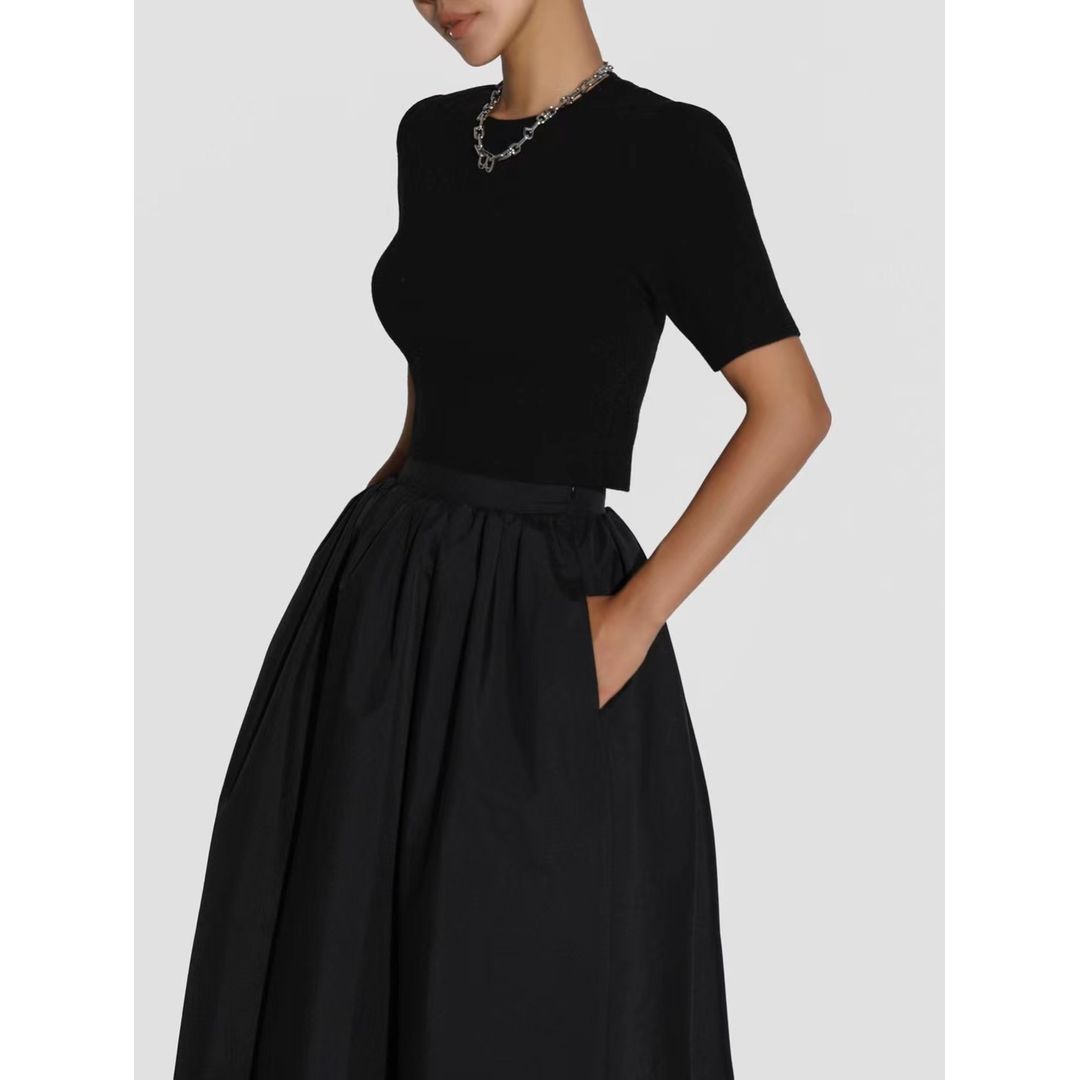 BT11151 - Korean high waist pleated skirt black round skirt