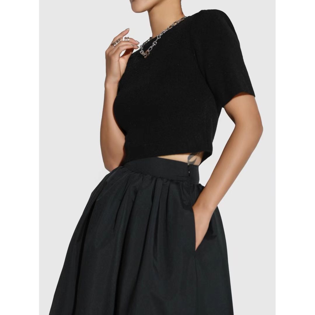 BT11151 - Korean high waist pleated skirt black round skirt