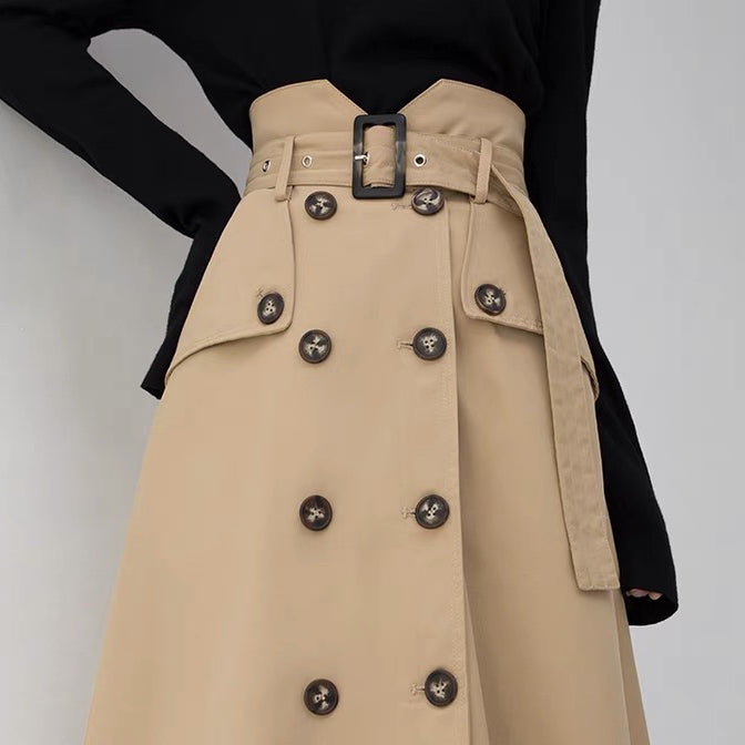 BT11132- Slim belted double-breasted khaki high-waisted A-line skirt