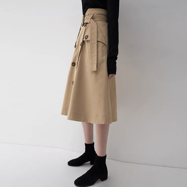 BT11132- Slim belted double-breasted khaki high-waisted A-line skirt