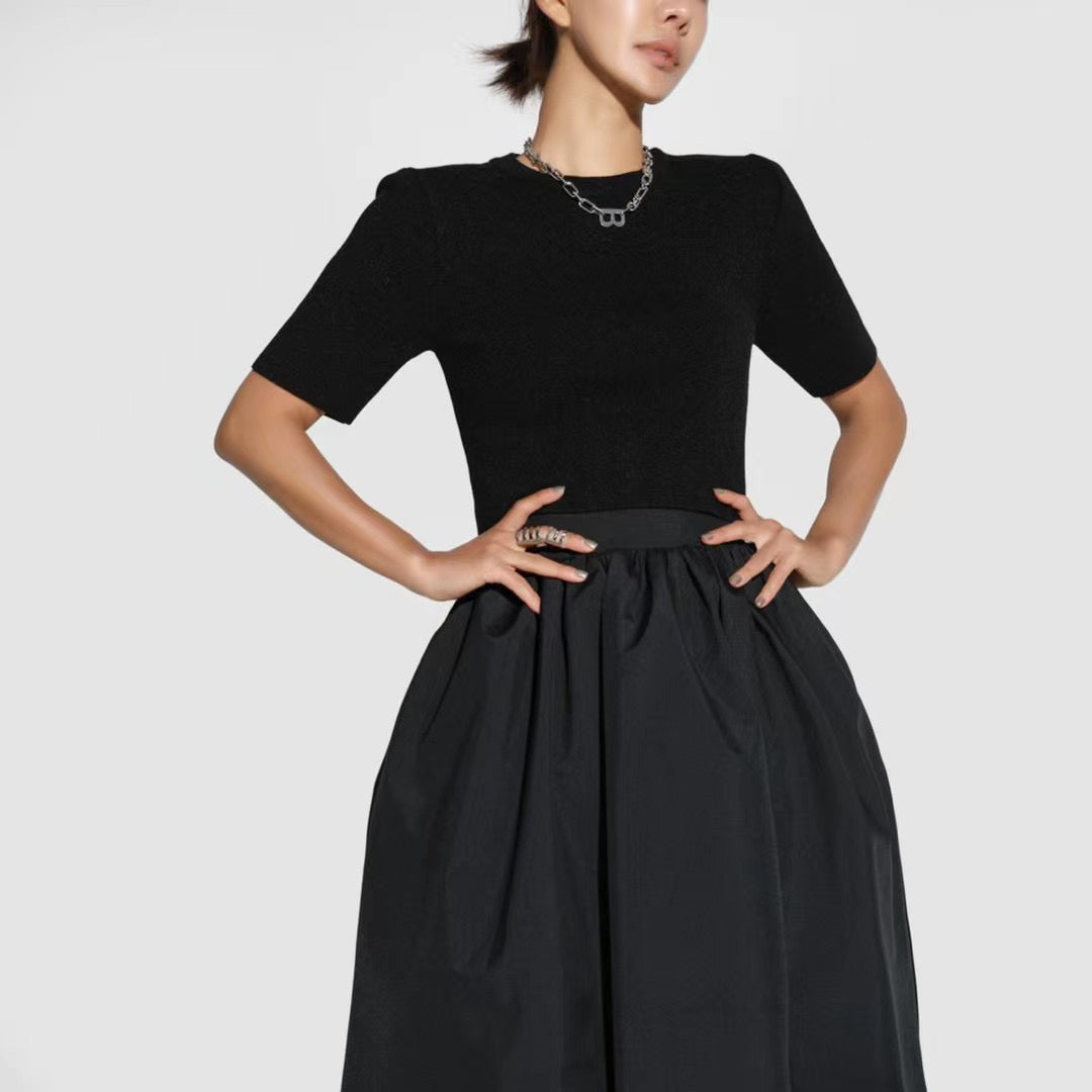 BT11151 - Korean high waist pleated skirt black round skirt