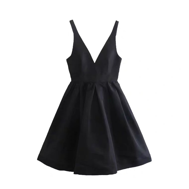 DS11183- Black A-line deep V-neck dress