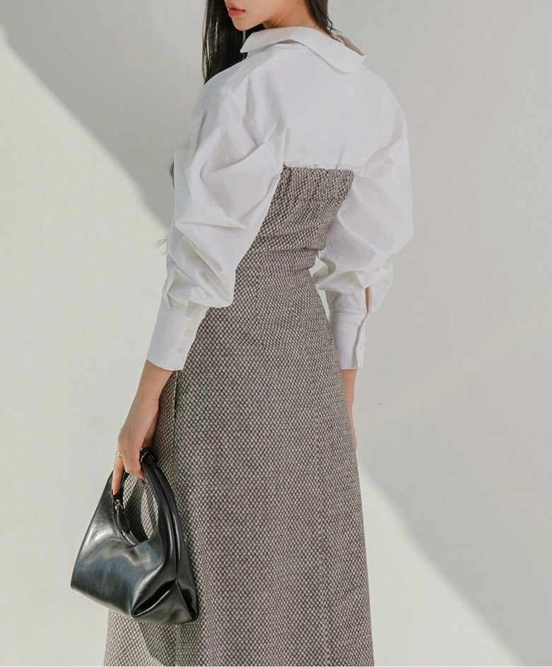 DS11178-韓圍復古優雅心形領羊毛混紡抹胸長裙 (Re-stock)