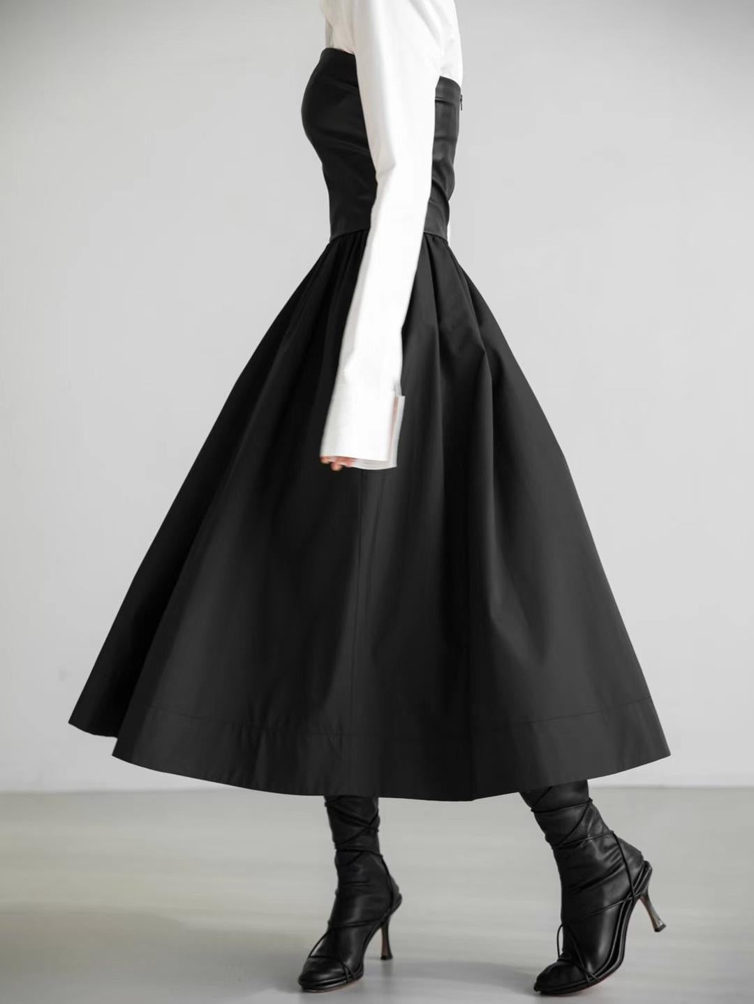 BT11151 - Korean high waist pleated skirt black round skirt