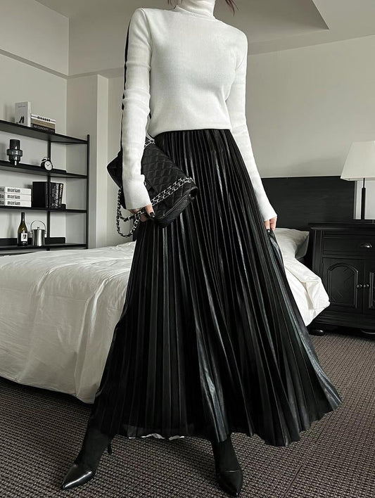 BT11191A- Korean mid-length metallic drape pleated skirt with elastic waist (gold/silver/black)