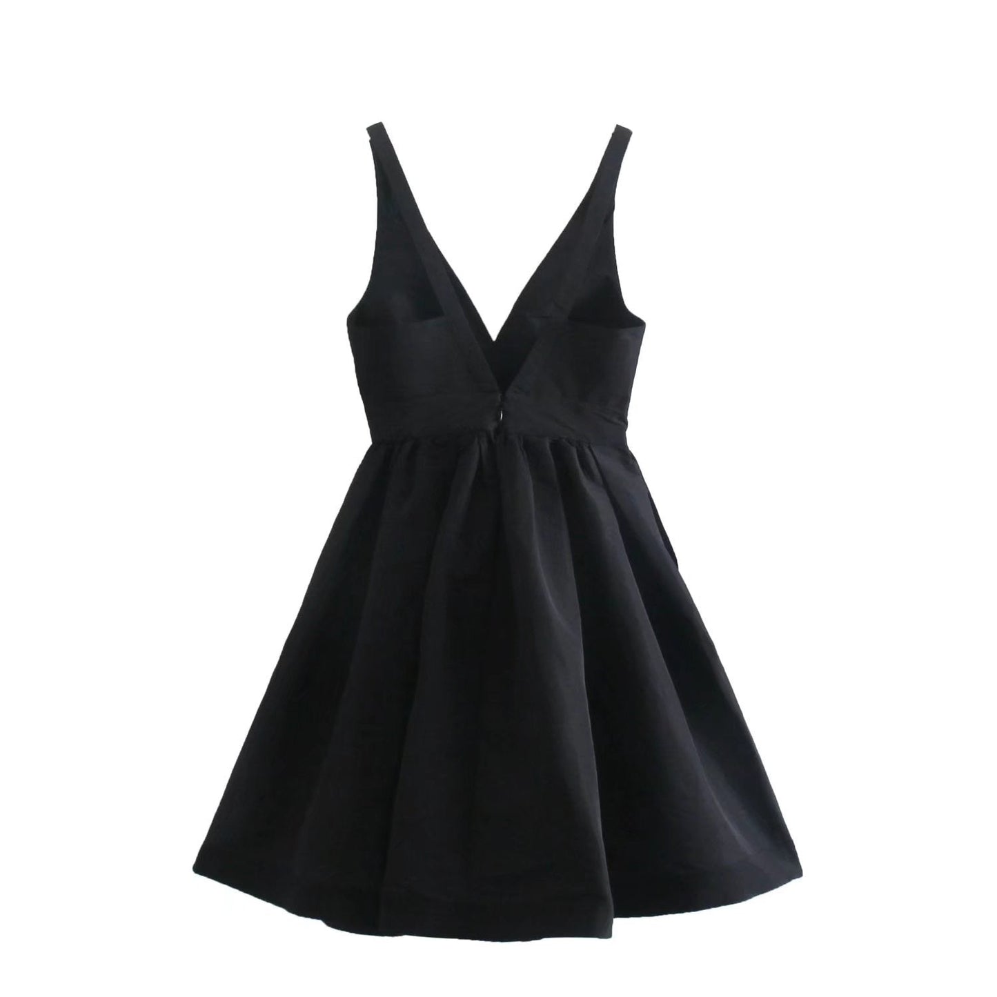 DS11183- Black A-line deep V-neck dress