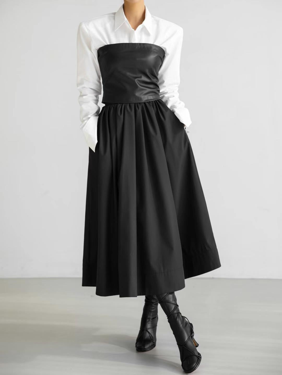 BT11151 - Korean high waist pleated skirt black round skirt