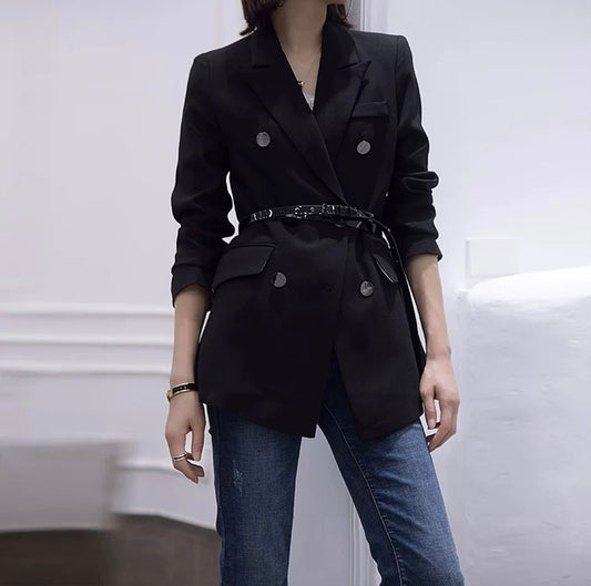 OT11177- A must-have versatile black mid-length blazer for your wardrobe (without belt)