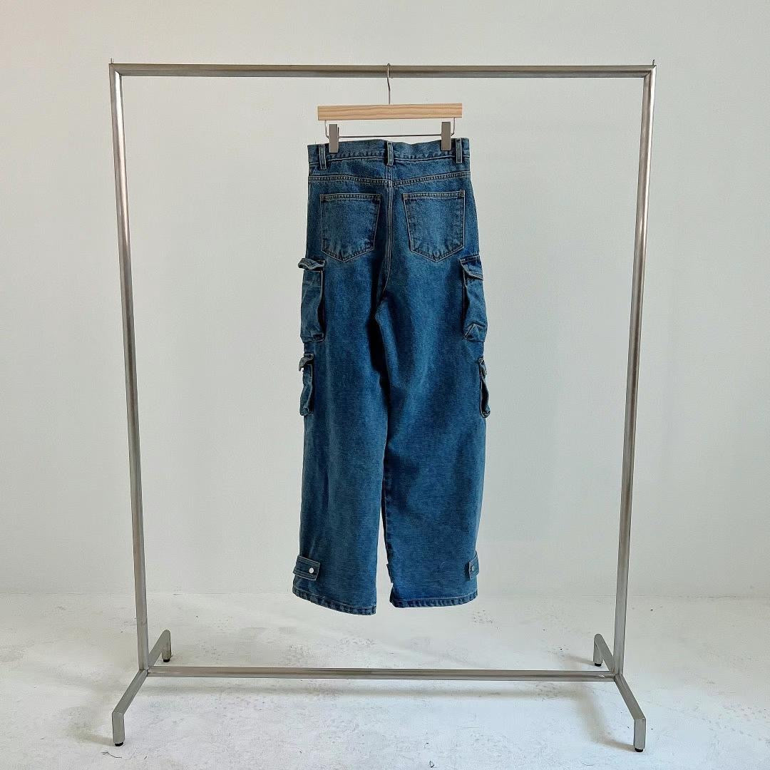 BT11189 - Korean heavy industry denim cargo multi-pocket pants