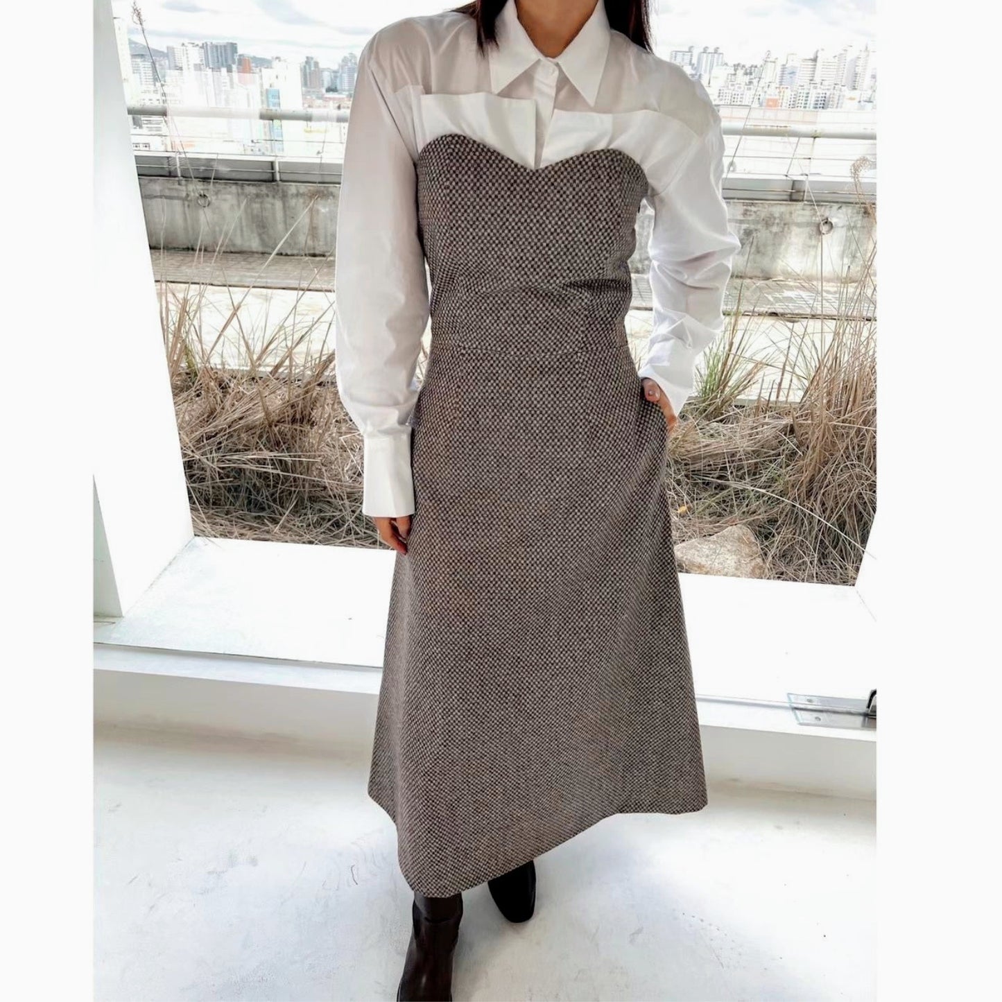 DS11178-韓圍復古優雅心形領羊毛混紡抹胸長裙 (Re-stock)