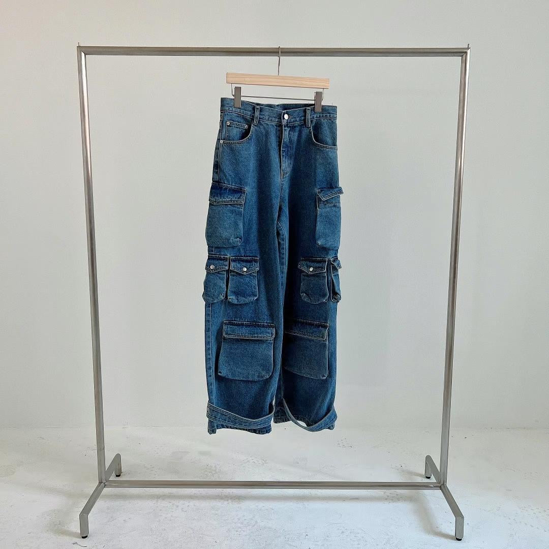 BT11189 - Korean heavy industry denim cargo multi-pocket pants