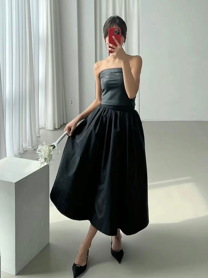 BT11151 - Korean high waist pleated skirt black round skirt