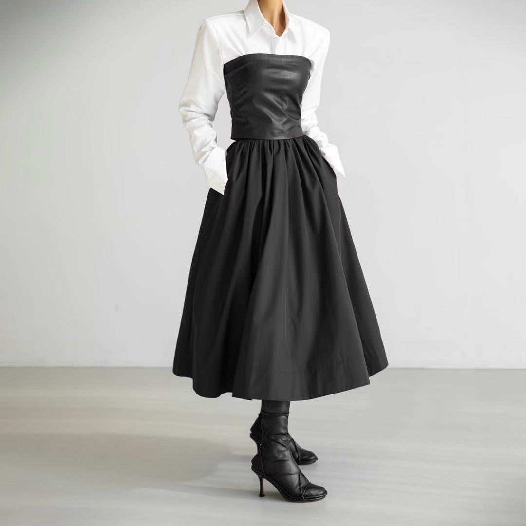 BT11151 - Korean high waist pleated skirt black round skirt