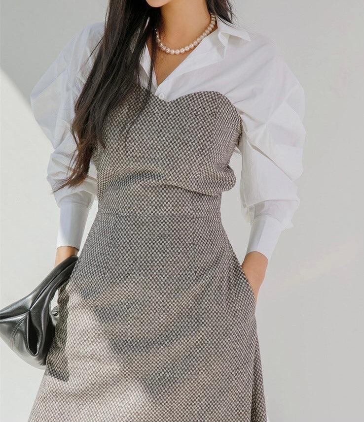 DS11178-韓圍復古優雅心形領羊毛混紡抹胸長裙 (Re-stock)