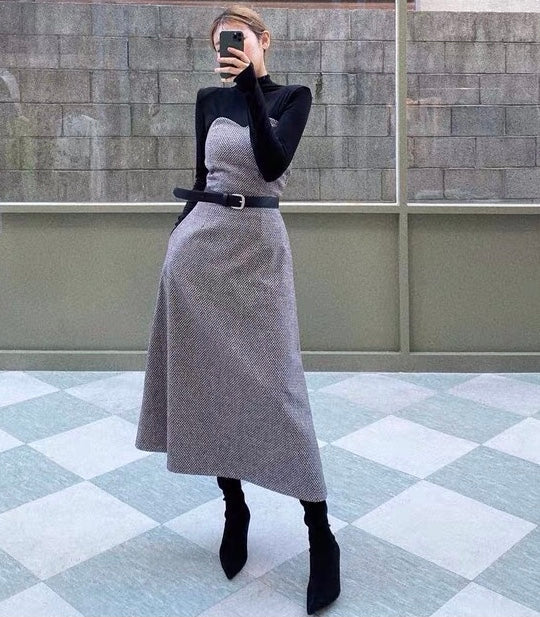 DS11178-韓圍復古優雅心形領羊毛混紡抹胸長裙 (Re-stock)