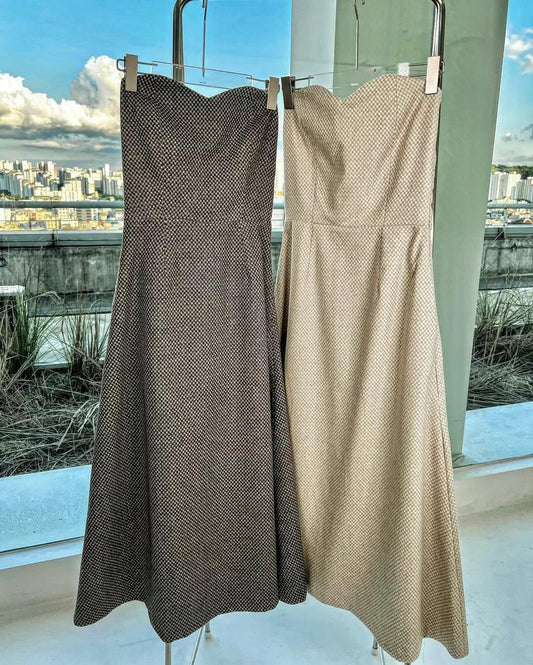 DS11178-韓圍復古優雅心形領羊毛混紡抹胸長裙 (Re-stock)